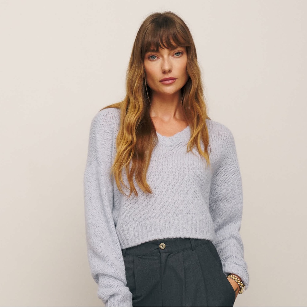 Reformation Wenda Sweater Lavender Mist Blue Cropped V neck Pullover - Picture 3 of 14